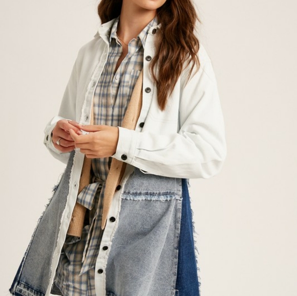 Listicle Color Block Denim Spliced Raw Hem Shirt Jacket - Picture 2 of 6
